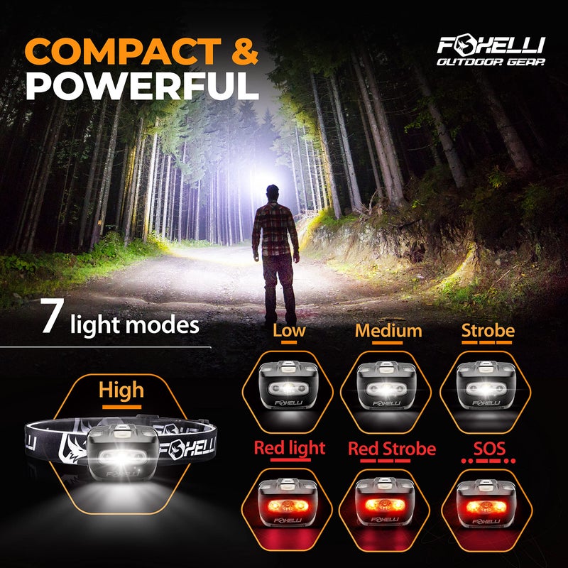 Foxelli LED Headlamp Flashlight for Adults & Kids, Running, Camping, Hiking Head Lamp with White & Red Light, Comfortable Headband, Lightweight & Waterproof, 3 AAA Batteries - Image 3